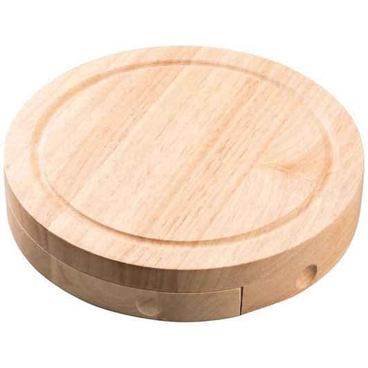 A round wooden cheese board with a smooth surface and hidden compartments for knives.
