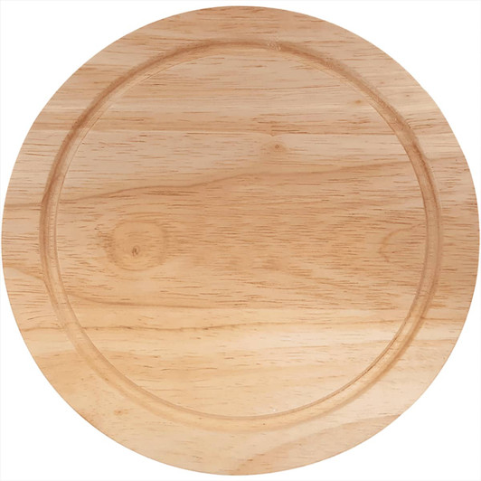 A round wooden cheese board in a light natural finish, featuring a smooth surface and a subtle border design.