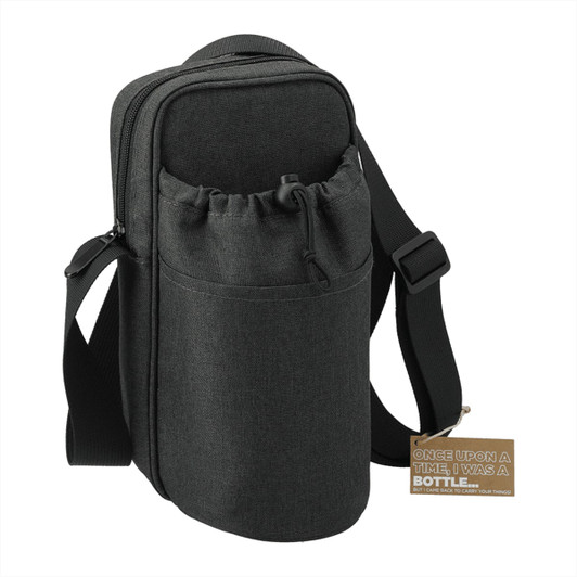 A drink bottle cooler in dark grey with an adjustable strap and a front pouch, featuring a logo.