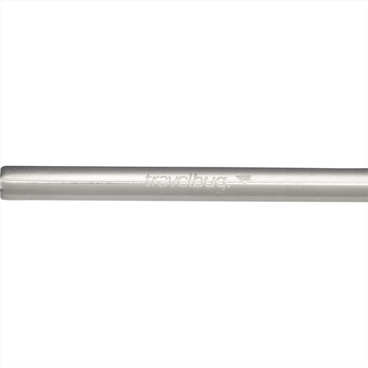 A stainless steel straw in silver, featuring a branding logo, designed for reusable drinking.
