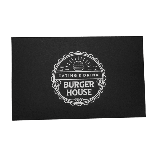 A black menu cover with the text "Burger House" and a burger graphic, featuring a decorative border.
