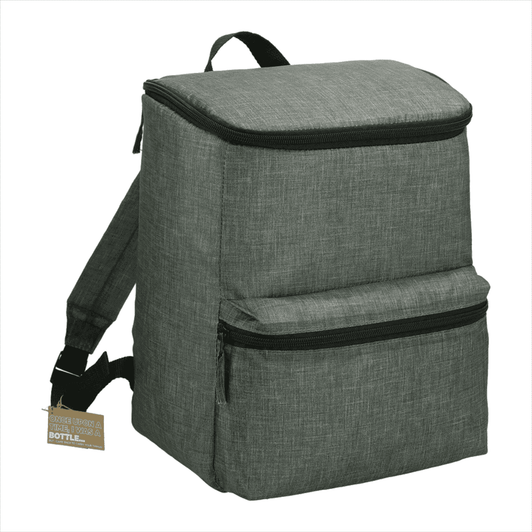 A grey backpack cooler with a zippered top and front pocket, featuring adjustable straps and a logo.