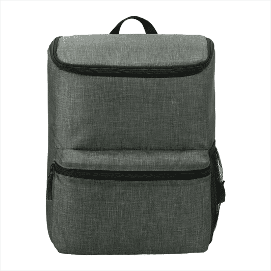 A grey backpack cooler with multiple compartments and a side mesh pocket, featuring a logo.