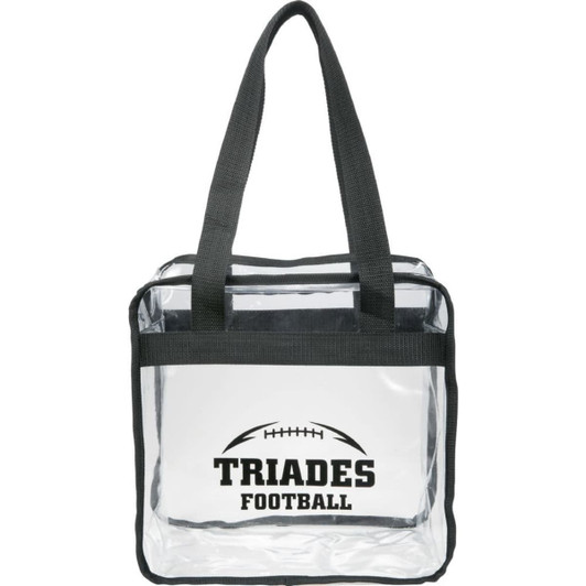 A clear zippered tote bag with black straps, featuring a football design and branding.