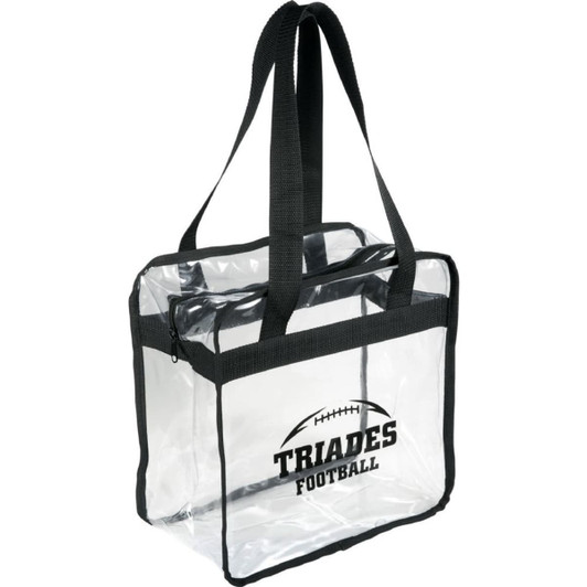 A clear zippered tote bag with black straps and a football logo, suitable for various events and activities.