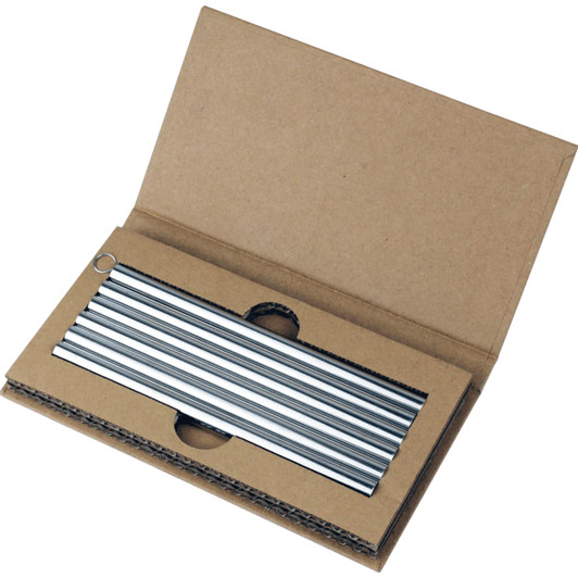 A set of stainless steel drinking straws in a cardboard packaging, showcasing multiple silver straws neatly arranged.