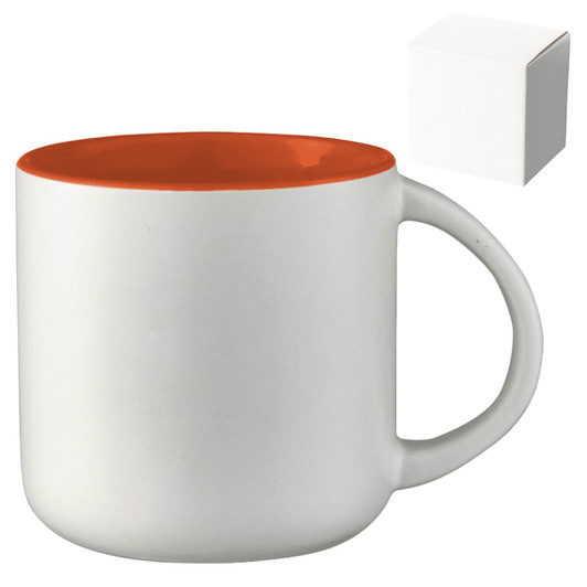 A ceramic mug with a white exterior and orange interior, accompanied by a plain gift box.