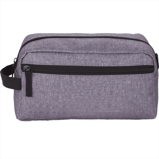A grey toiletry pouch with a textured finish, featuring two zippered compartments and a side handle.