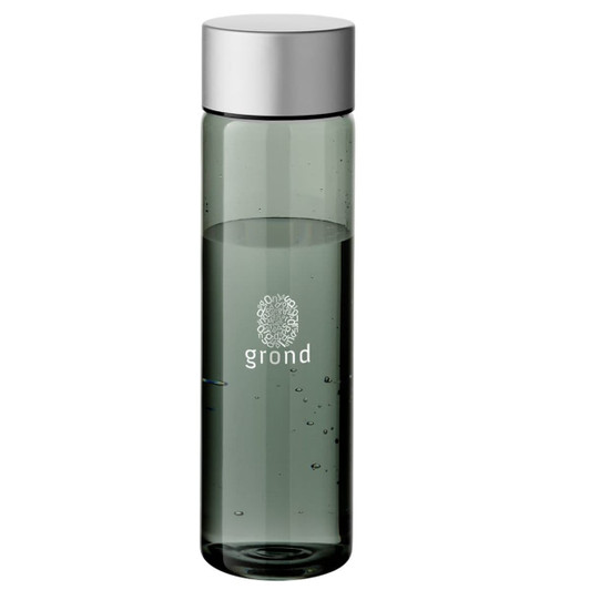A drink bottle in a sleek, transparent grey-green design with a silver cap and a logo on the front.