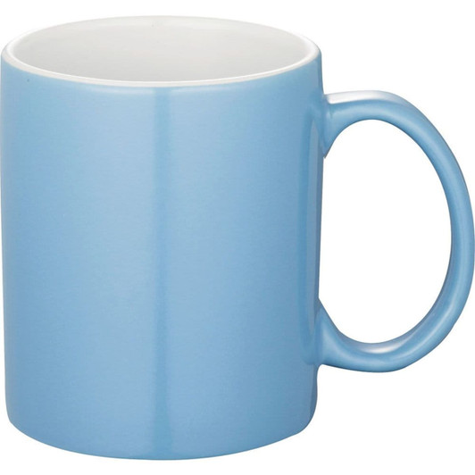 A light blue ceramic mug with a smooth finish and a comfortable handle. Features a logo on one side.