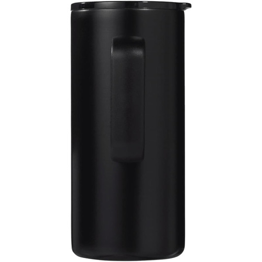 A drink bottle in matte black, featuring a handle and a lid, with a logo. Holds 500ml of liquid.