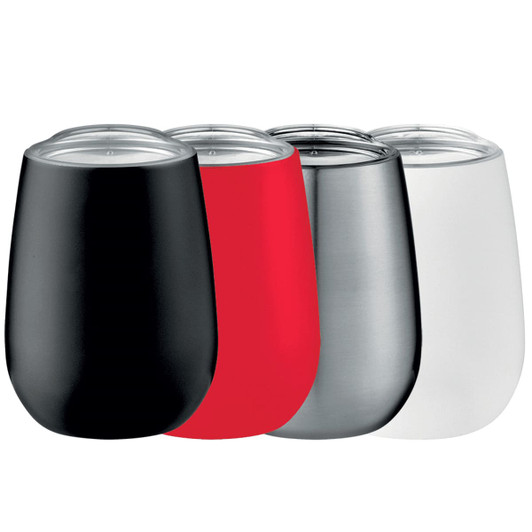 A drink bottle set featuring a black, red, silver, and white vacuum insulated cup, each with a clear lid and branding.