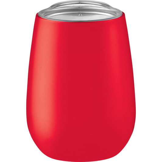 A drink bottle featuring a red, vacuum insulated design with a transparent lid, suitable for travel.