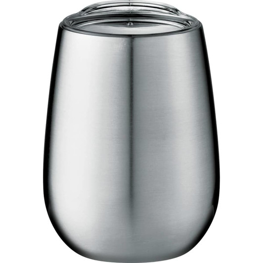 A drink bottle in stainless steel, featuring a sleek, curved design and a clear lid. It has a branding logo.