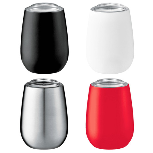 A drink bottle featuring four vacuum insulated cups in black, white, stainless steel, and red, each with a lid.