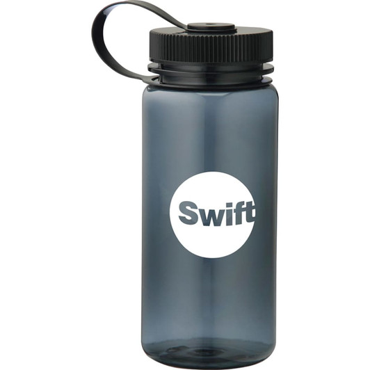 A drink bottle in a smoky grey colour, featuring a black lid and a handle, with a logo on its side.