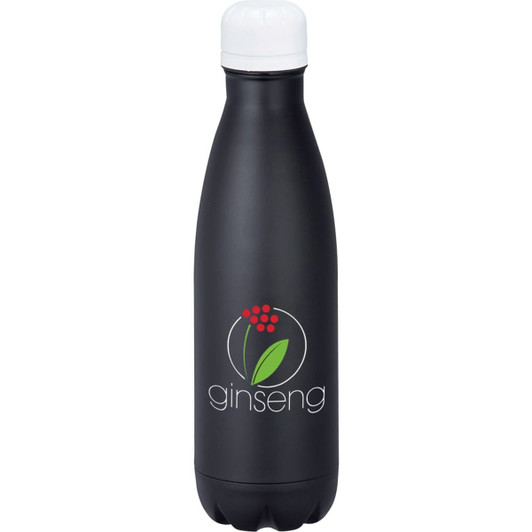 A drink bottle in matte black with a white lid and a logo featuring a leaf and berries.