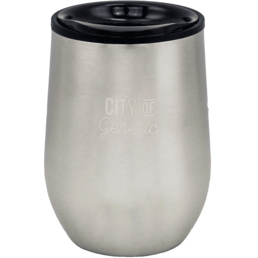 A drink bottle in stainless steel with a black lid, featuring a logo on the side.