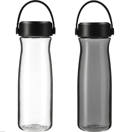 A drink bottle made of clear Tritan with a black lid and handle, featuring a sleek design.