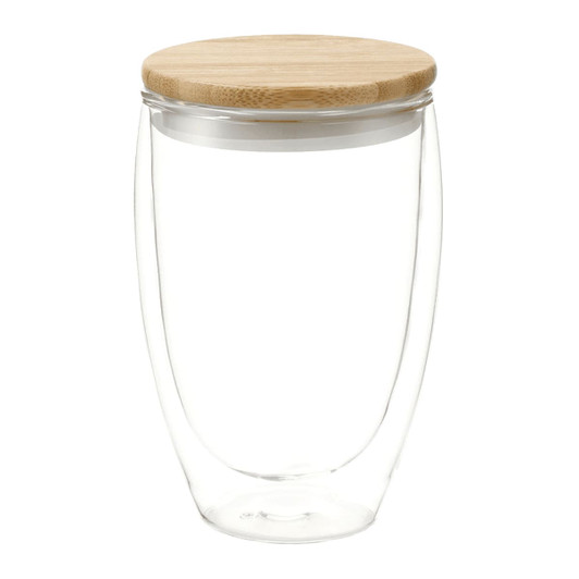 A drink bottle featuring a clear glass body and a bamboo lid, with a sleek, modern design.