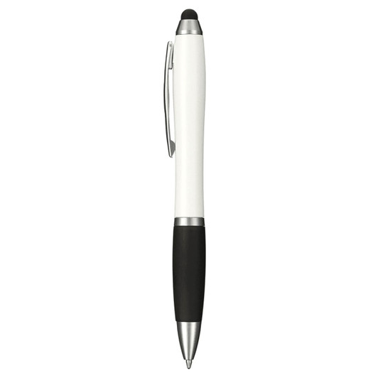 A stylus pen in white and black, featuring a smooth design and a silver clip. Includes a logo.