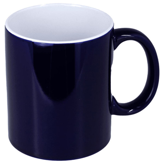 A ceramic mug in navy blue with a white interior, featuring a handle. It is displayed without packaging.