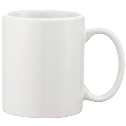 A white ceramic coffee mug with a smooth finish and a comfortable handle, presented in a folded box.