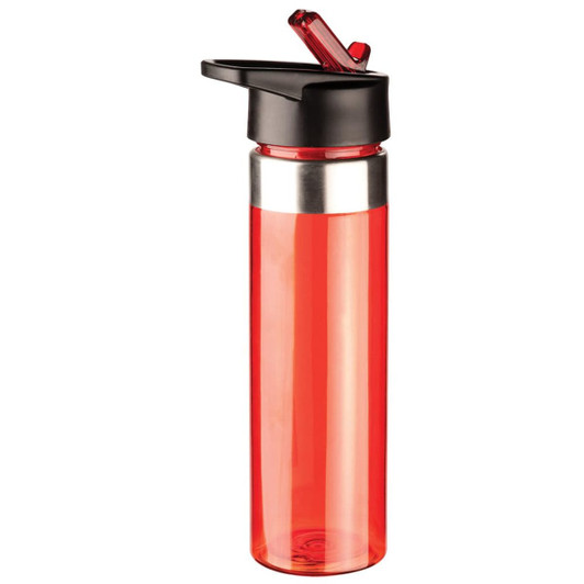 A drink bottle in bright red with a black lid and drinking spout, featuring a silver band.