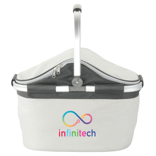 A white picnic carry bag with a silver handle and a branding logo on the front.