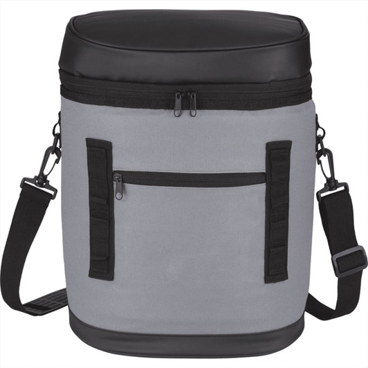 A grey cooler bag with a black top and a front zip pocket, featuring a shoulder strap and branding.
