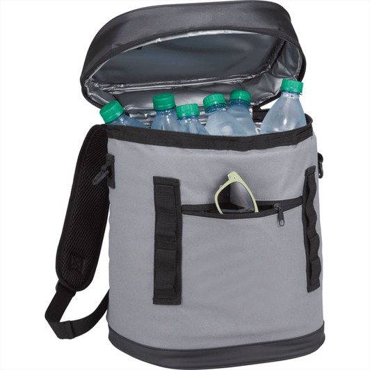 A grey cooler bag with black accents, filled with drink bottles and featuring a small zippered pocket on the front.