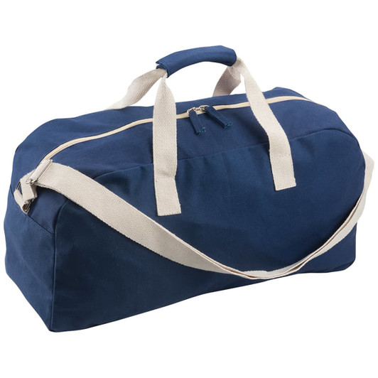 A navy duffle bag with cream handles and a shoulder strap, featuring a zippered closure and a small logo.