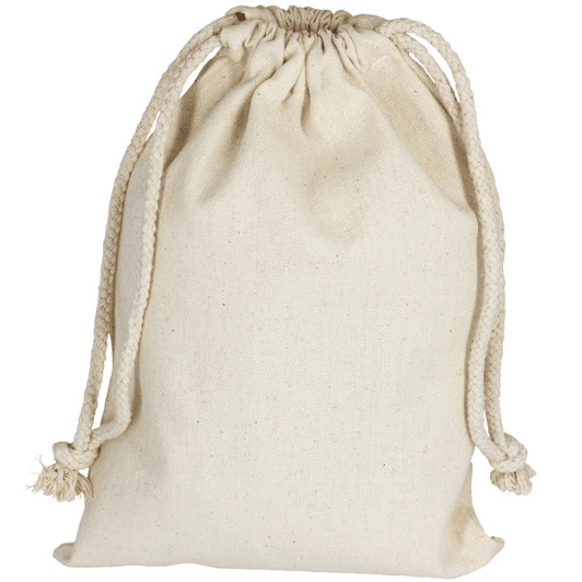 A cream coloured cotton drawstring bag with braided rope ties and a simple design. It features a logo design.