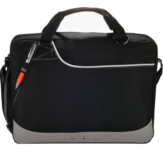 A black and grey laptop bag with a shoulder strap, featuring a pen holder and a logo.