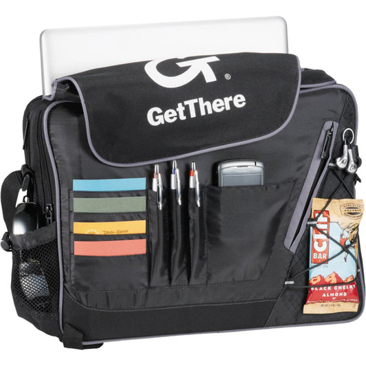 A black laptop bag with multiple pockets, containing pens, sticky notes, and a snack bar. It features a logo on the flap.