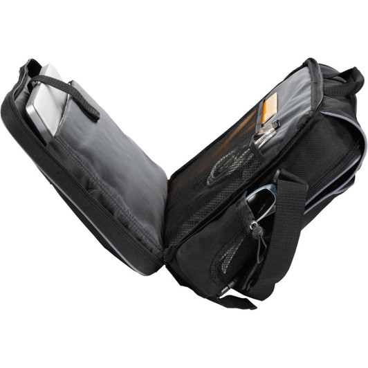 A black laptop bag opened to reveal compartments for a laptop and accessories, featuring a mesh pocket and logo.