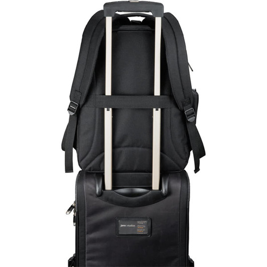 A black computer backpack with adjustable shoulder straps and a retractable handle. It features a logo on the front.