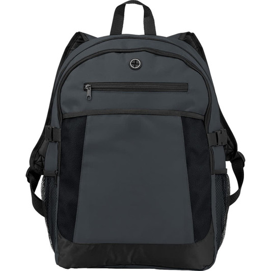 A grey expandable 15" computer backpack with mesh side pockets and a logo on the front.