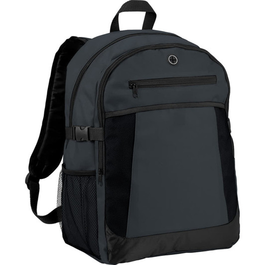 A dark grey expandable backpack with multiple compartments and a side mesh pocket, featuring a logo.