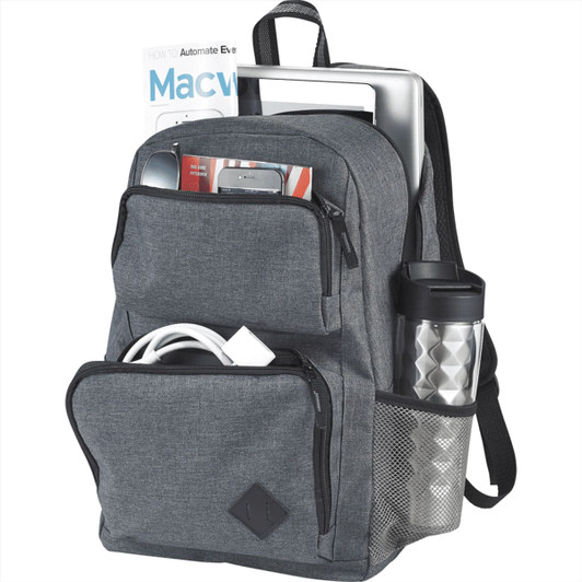 A grey computer backpack featuring multiple zippered pockets, a drink bottle holder, and compartments for devices and accessories.