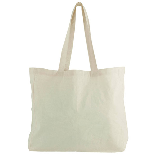 A natural cotton shopper tote in off-white, featuring long handles and a simple design with a logo.