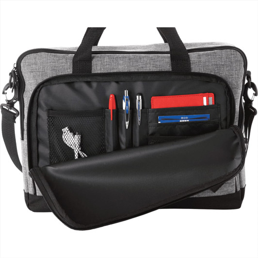 A grey and black laptop briefcase with multiple compartments for pens, cards, and accessories. It features a logo.