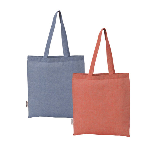 Two tote bags made of recycled cotton twill, one in light blue and one in coral orange, each with handles and a logo.