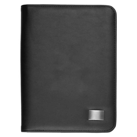 A5 zippered compendium in black, featuring a smooth finish and a metallic logo detail.