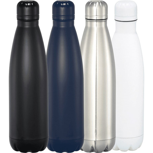 A drink bottle collection featuring black, navy, silver, and white insulated options, each with a cap and a logo.