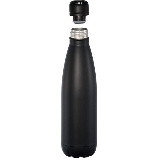 A drink bottle in matte black with a removable cap, featuring an insulated design for temperature retention.
