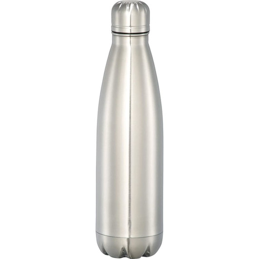 A drink bottle in a sleek stainless steel finish with a rounded design and a logo on the surface.