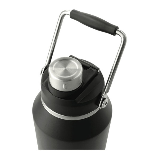 A drink bottle in matte black with a stainless steel lid and handle, featuring a logo on the body.