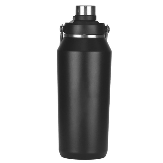 A drink bottle in matte black with a stainless steel lid and a metal attachment. Features a sleek, insulated design.