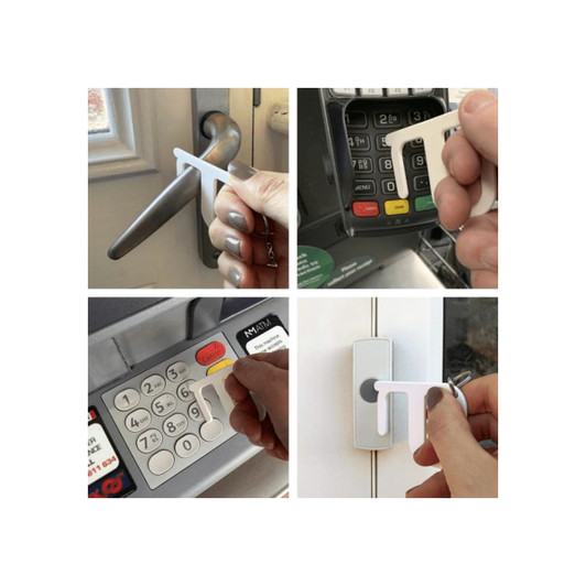 A white hygiene key designed for touch-free access on various surfaces. It features a simple, ergonomic shape.